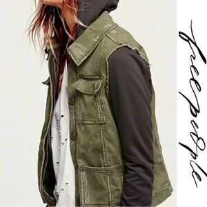 Free People Army Green Cargo Distressed Twill Jacket with Black Hoodie Medium